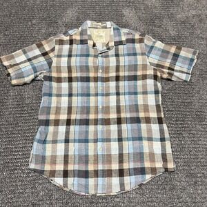 Tasso Elba Island Mens Medium Shirt Multicolor Plaid‎ Linen Cotton Short Sleeve